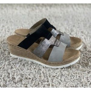 Rieker Black Silver Leather Wedge Slide Sandal Faux Espadrille Women EUR 37 US 6